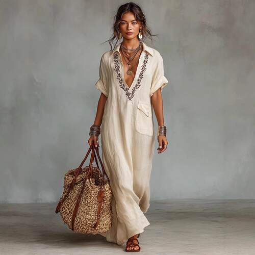 Embroidered pocket lapel cotton linen jumpsuit
