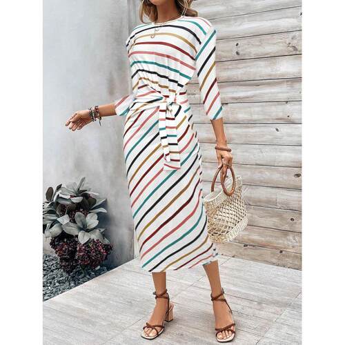 Women's printed striped pullover lace up dress