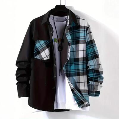 Men's color blocked long sleeved collared checkered