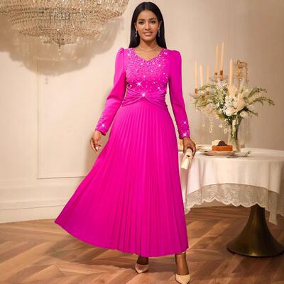 Dingzhu Evening Dress V-neck Long Sleeve pleated Dress