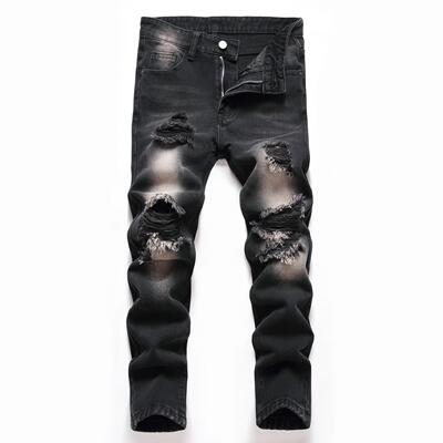 Black non stretch ripped straight leg jeans for children's