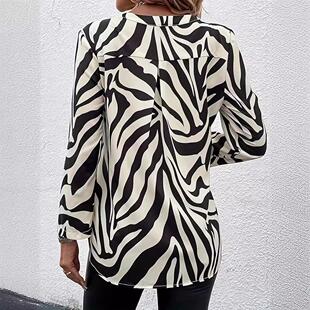 Printed Shirt Roll Long Collar Zebra Word Women with