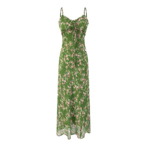 Green background floral patchwork V-neck lace up waistband