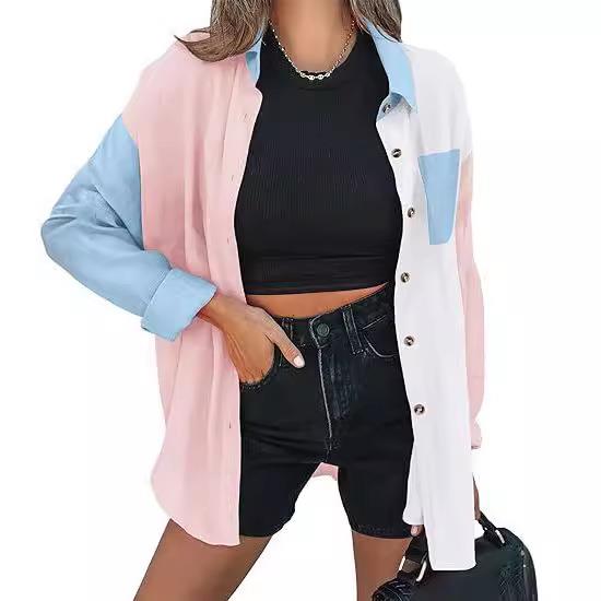 Women's color blocked button up shirt long sleeved cotton