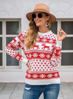 Women's reindeer snowflake print pullover sweater long