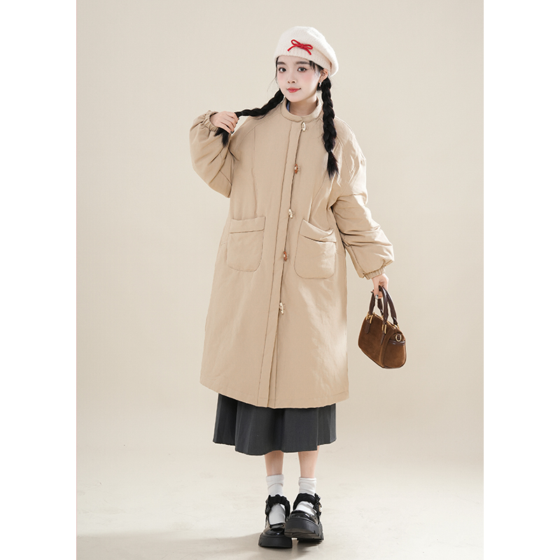 小个子牛角扣立领加厚中长款外套女冬季新款宽松显瘦加厚保暖棉服