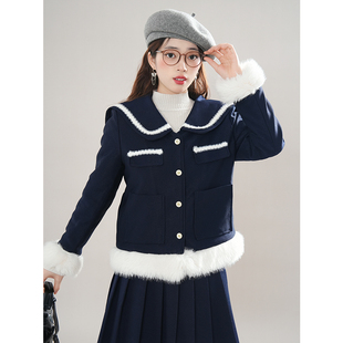 秋冬2025新品千金财阀加厚藏青小香风夹棉外套女韩版毛呢套装裙