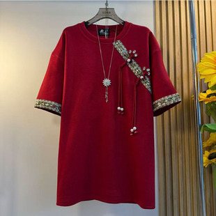 新中式2025秋冬款国风钉珠流苏红色短袖T恤宽松显瘦时尚休闲上衣