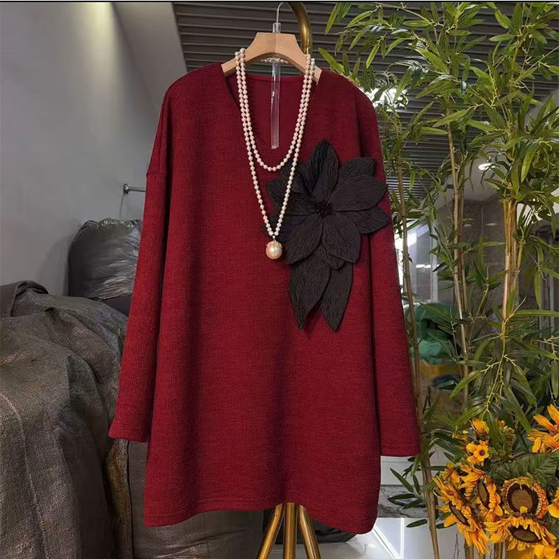 欧货大码女装2025秋冬款时尚立体花朵钉珠V领显瘦中长款长袖大衫,女装/女士精品,大码内搭,淘宝优惠券,粉丝福利购,淘宝优惠卷