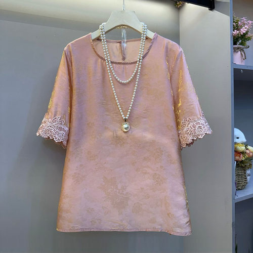 胖mm国潮风鎏金提花气质短袖小衫