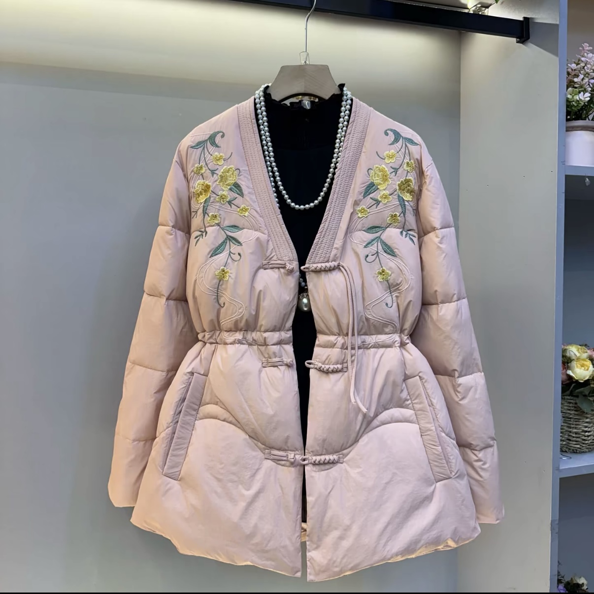 胖mm国潮风刺绣盘扣收腰棉服外套