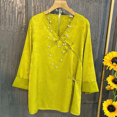 大码女装国潮风盘扣v领衬衫上衣