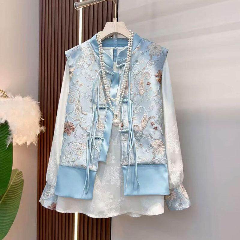 新中式大码女装2025秋季款国风流苏盘扣提花马甲打底衫显瘦两件套,女装/女士精品,大码套装,淘宝优惠券,粉丝福利购,淘宝优惠卷