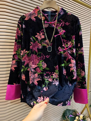 胖mm国潮风盘扣立领丝绒打底衬衫