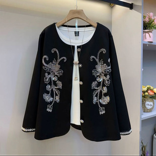 欧货大码女装2026春款轻奢时尚亮钻刺绣纽扣开衫外套长袖显瘦上衣