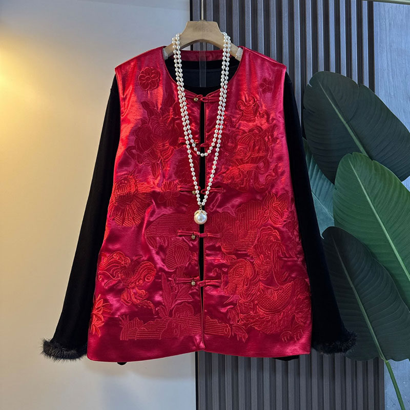 新中式大码女装2025秋季款轻奢国潮风重工刺绣马甲小衫显瘦两件套,女装/女士精品,大码套装,淘宝优惠券,粉丝福利购,淘宝优惠卷