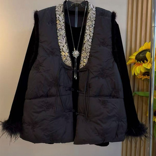 新中式大码女装2025冬季新款国潮风流苏盘扣V领加棉马甲小衫套装