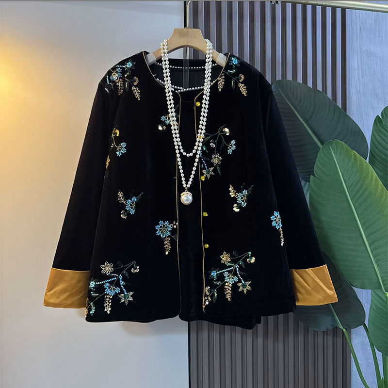 胖mm国潮风亮片丝绒盘扣加棉外套