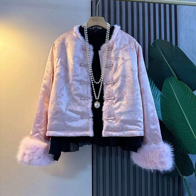 胖mm国潮风盘扣毛绒袖口短款棉服