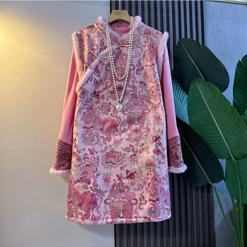 胖mm国潮风加绒毛毛边马甲裙小衫