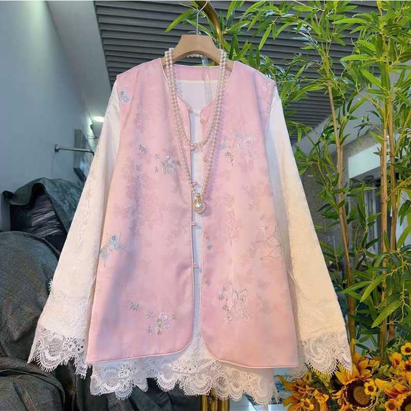 新中式大码女装秋冬轻奢国风锦缎刺绣花朵马甲蕾丝衬衫显瘦两件套,女装/女士精品,大码套装,淘宝优惠券,粉丝福利购,淘宝优惠卷