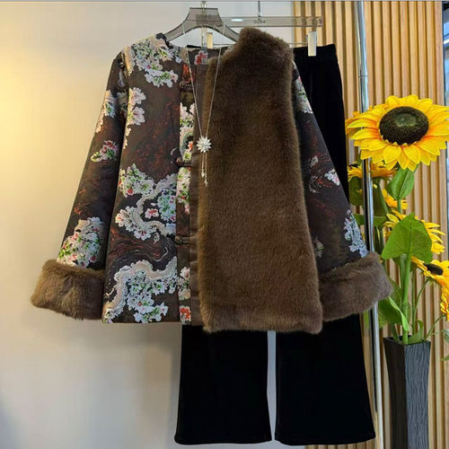 胖mm国潮风提花拼接毛袖棉服外套