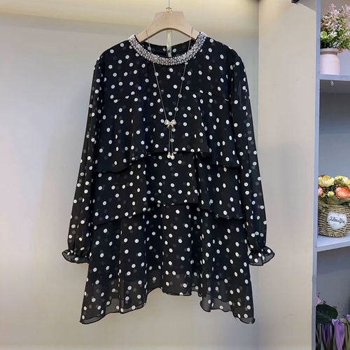 胖mm名媛风波点拼接钻领长袖大衫