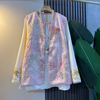 胖mm国风提花盘扣马甲小衫两件套