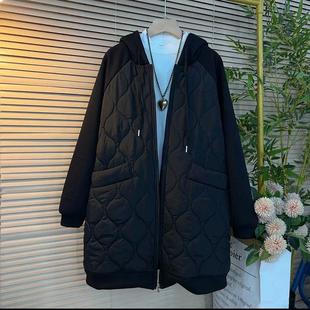 胖mm休闲拼接板连帽外套宽松显瘦棉服 2024秋冬款 欧货加肥大码 女装