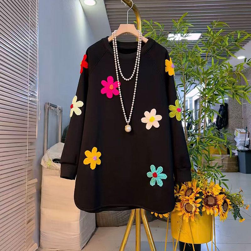 胖mm时尚彩色花朵拼接加绒卫衣