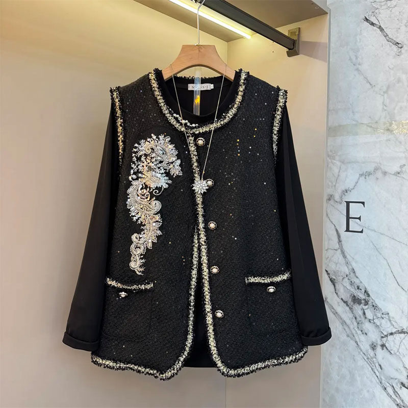 欧货大码女装2025秋季款时尚高品质重工亮钻马甲打底衫显瘦两件套,女装/女士精品,大码套装,淘宝优惠券,粉丝福利购,淘宝优惠卷