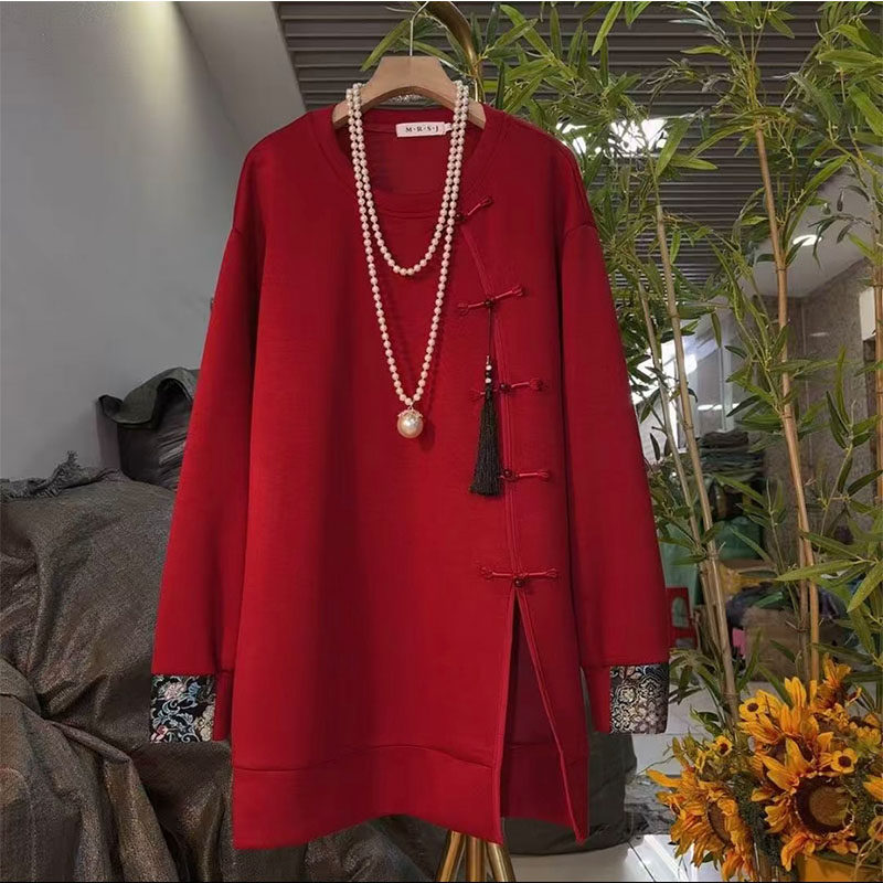 新中式大码女装2025秋冬款轻奢国风盘扣改良开叉长袖大衫显瘦上衣,女装/女士精品,大码内搭,淘宝优惠券,粉丝福利购,淘宝优惠卷