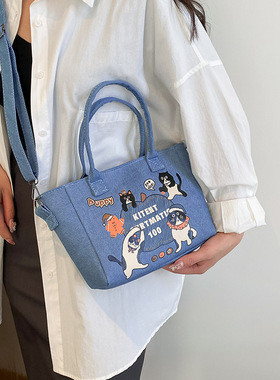 2025新款大容量牛仔布菜篮子包卡通猫咪斜挎包韩版手提女士包包