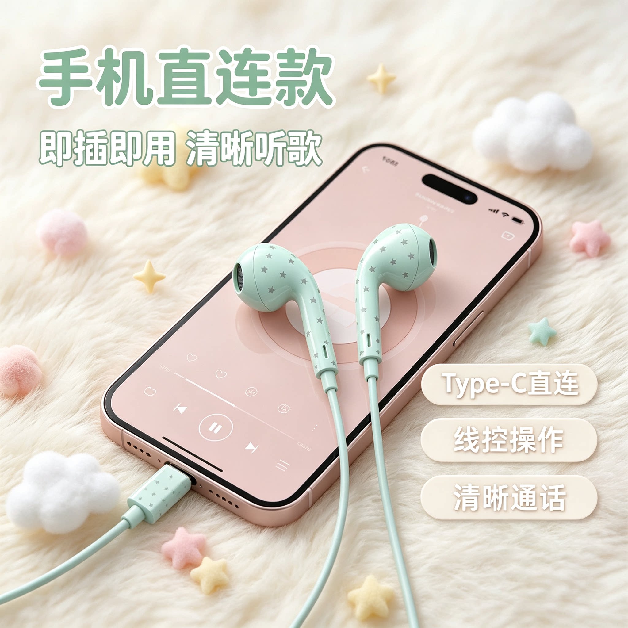 薄荷绿星星波点有线版半入耳式耳机学生女生音乐网课游戏线控手机