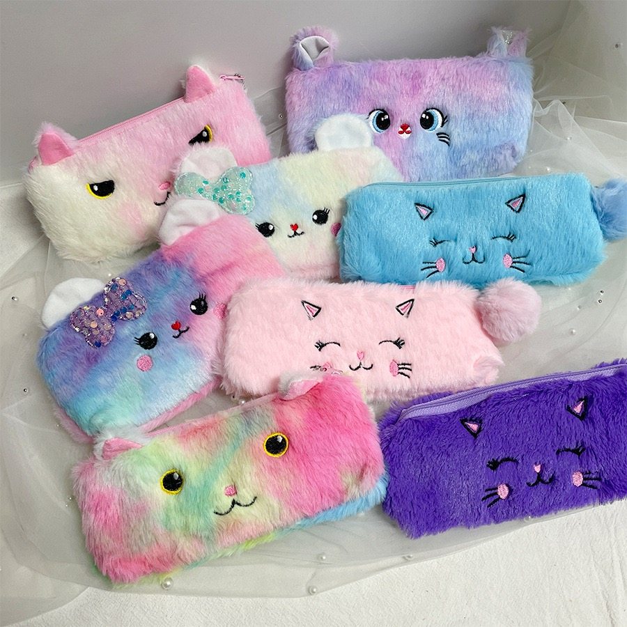 可爱渐变小猫笔袋高颜值毛绒学生节日礼品毛绒少女心文具