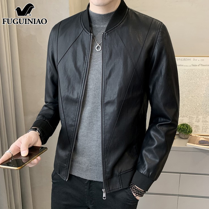 富贵鸟黑色皮衣外套男士秋季新款潮流机车服休闲棒球领皮夹克男士
