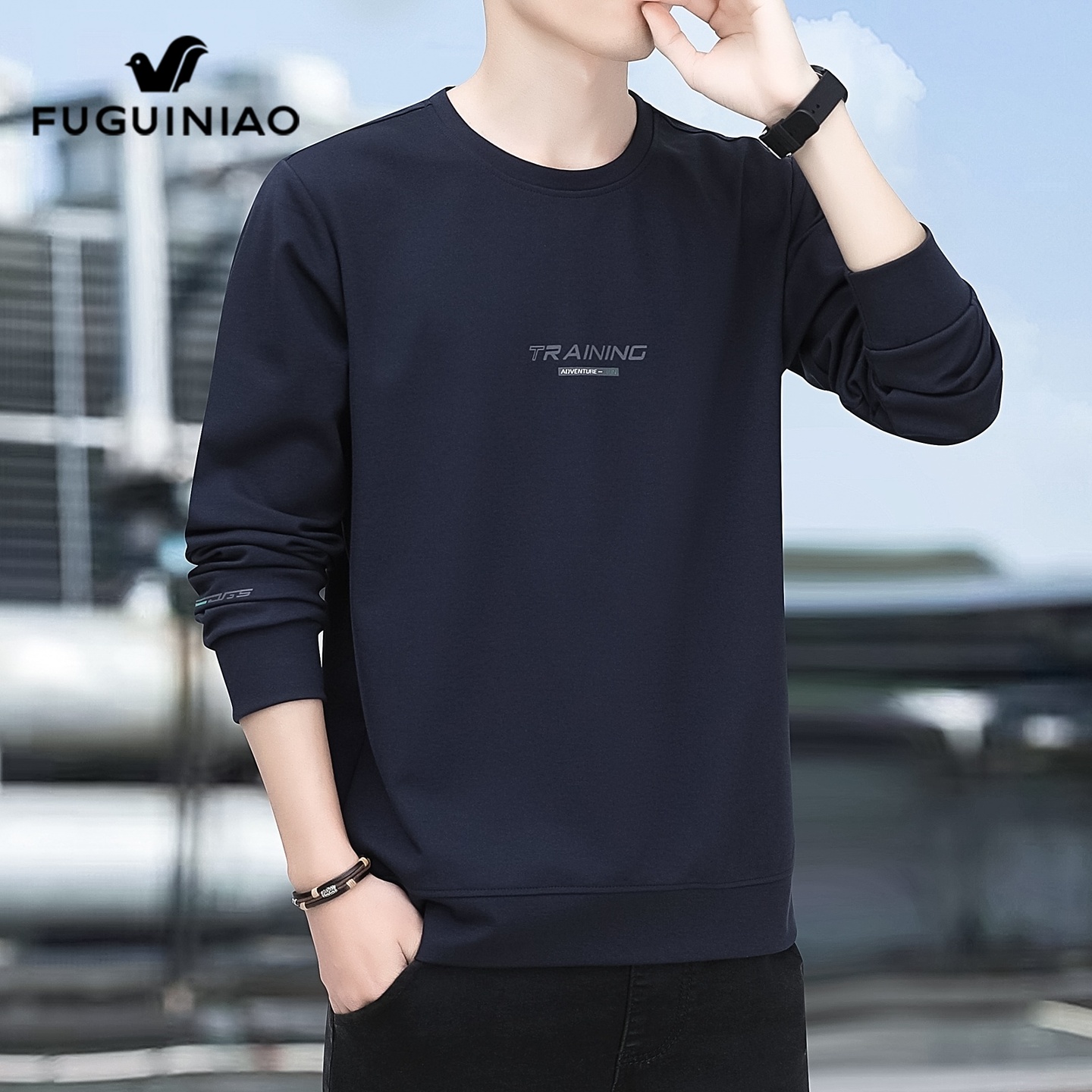 富贵鸟圆领长袖t恤男士卫衣秋季