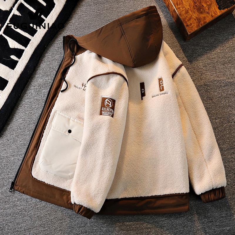 富贵鸟羊羔绒拼接外套男士2025年冬季新款加厚保暖连帽棉服夹克男