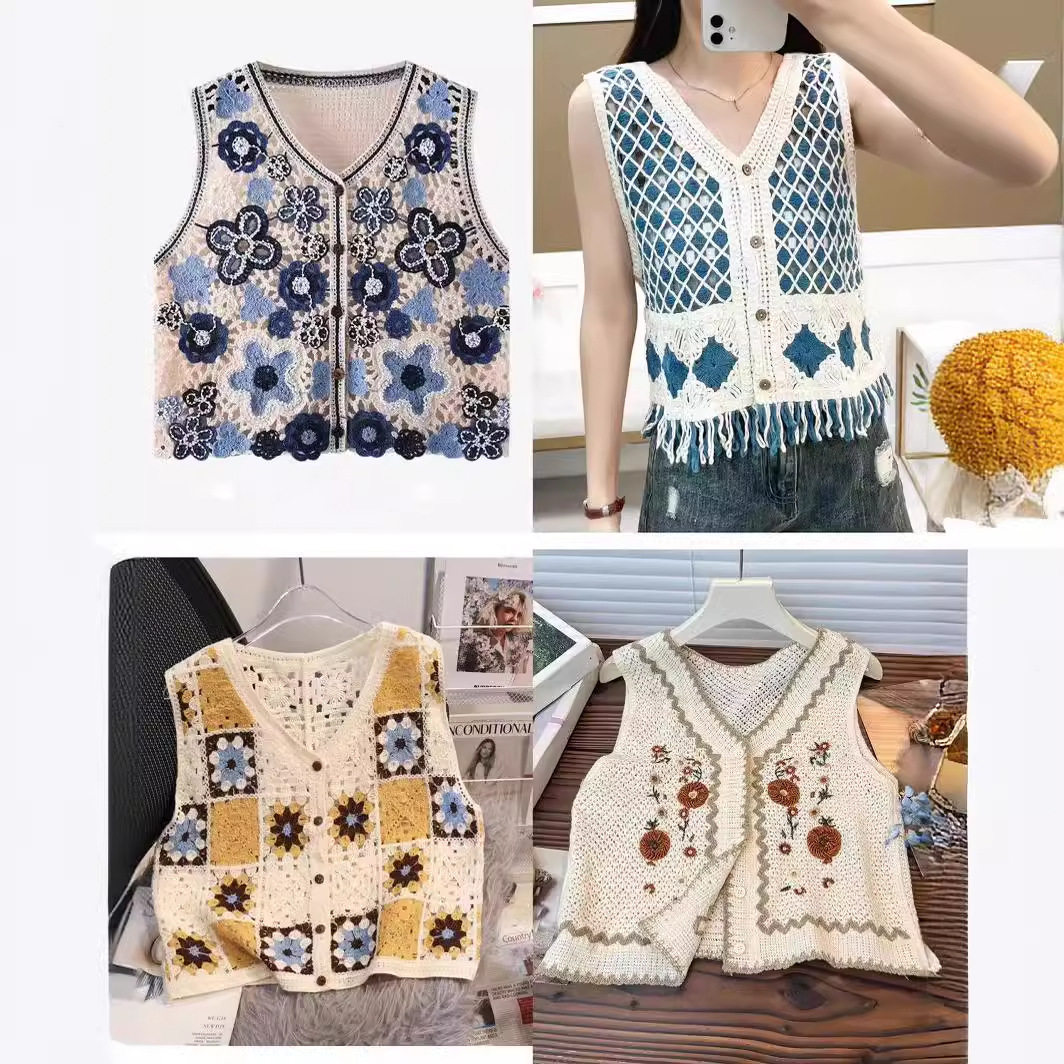 民族风串珠钩花针织马甲背心女春夏镂空薄款单排扣开衫外穿