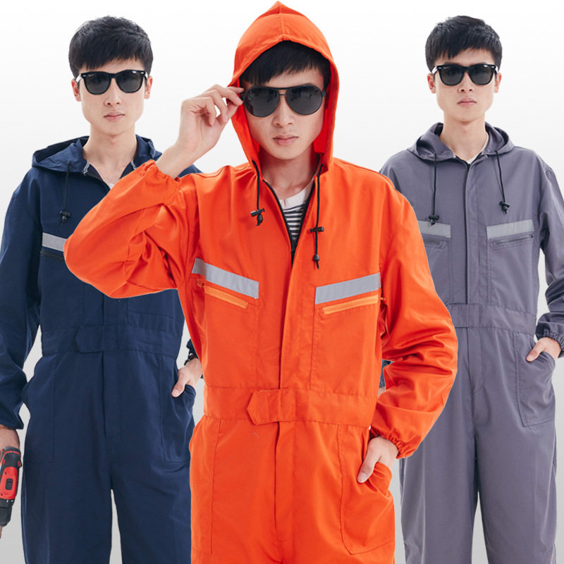 带帽连体工作服男长袖劳保印绣字