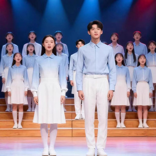 儿童合唱团爱国朗诵比赛演出服女童初中小学生学院风蓝色演讲服装