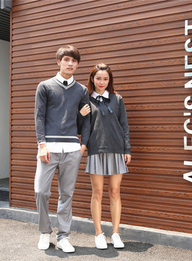 韩版中学生合唱表演服男女校服深灰毛衣学生装制服班服套装