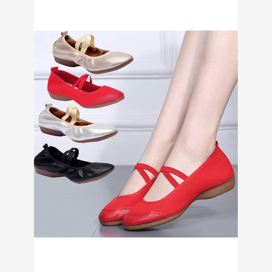 广场舞鞋女成人秋冬季真皮红舞鞋银色舞蹈鞋女平软底低跟布跳舞鞋