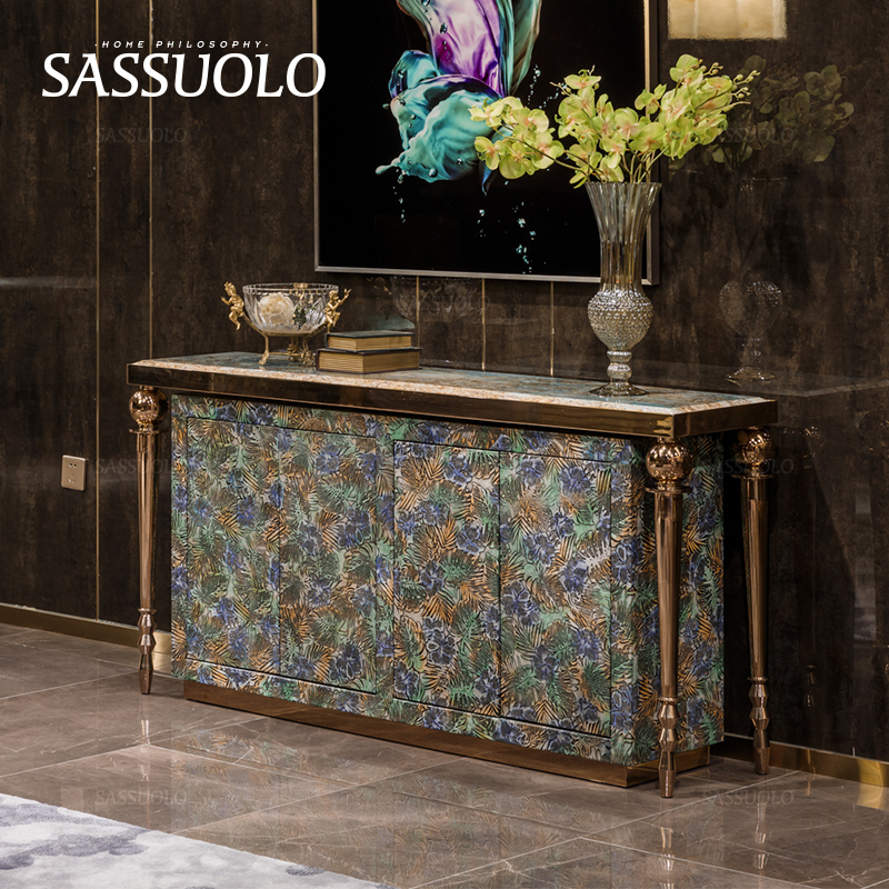 萨索罗/意式轻奢华大户型绿色彩绘真牛皮天然奢石大理石玄关/边柜