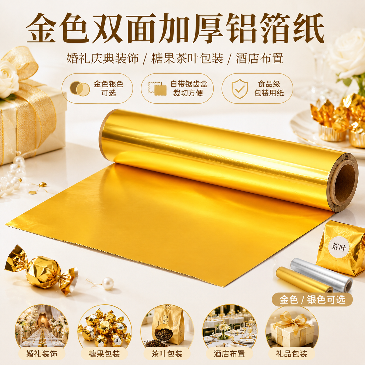 金色锡纸彩色加宽节日婚礼庆典装饰糖果茶叶包装食品级加厚铝箔纸