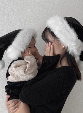 日式ins风圣诞节cos服装黑色蝴蝶结成人拍照道具帽子头饰圣诞帽