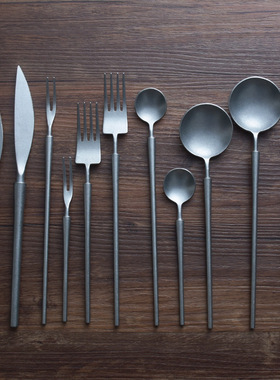 西餐具刀叉勺复古做旧银灰色意面餐叉套装筷子甜品调羹304不锈钢