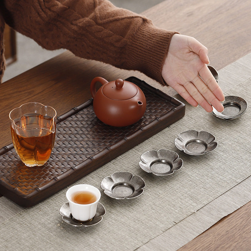 日式仿古银杯垫轻奢合金隔热茶杯托花型茶碟做旧功夫茶具茶桌零配