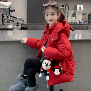 女童羽绒服冬装2025新款儿童洋气中长款加厚90白鸭绒女孩红色外套