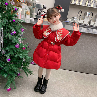 女童羽绒服2025新款冬季儿童拜年服国风中长款白鸭绒女孩红色外套